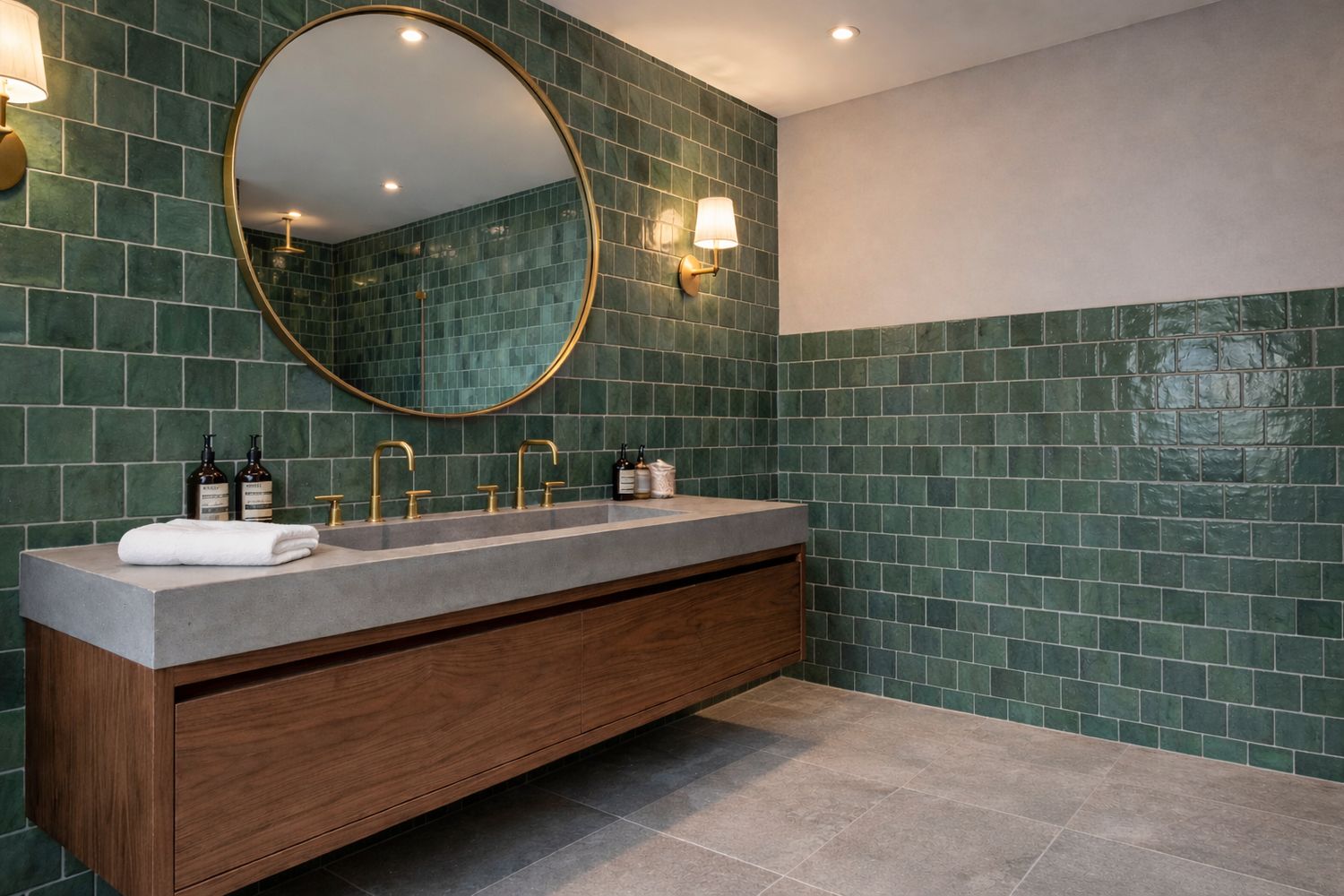 Green square zellige tile used as a splashback and bathroom wall
