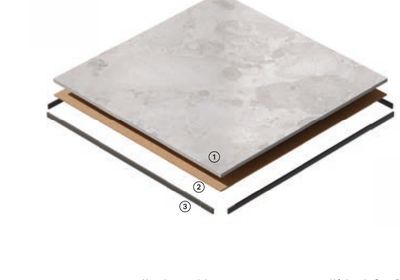 Exploded dry-lay flooring module showing porcelain, cork and ABS layers