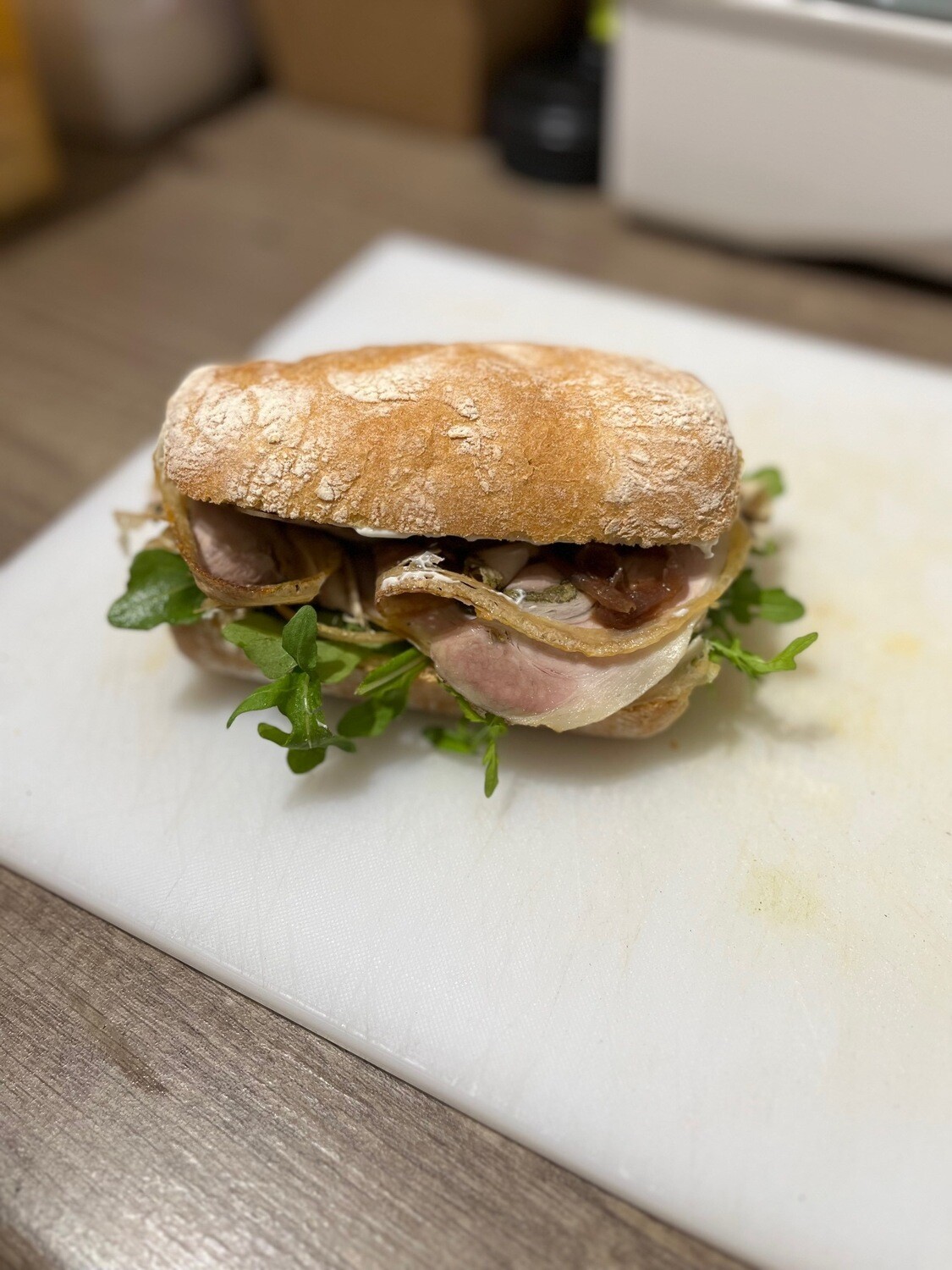 Porchetta, Caramelised onions, Rocket and Mayo