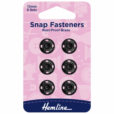 Snap Fasteners: Sew-on: Black: 13mm: Pack of 6