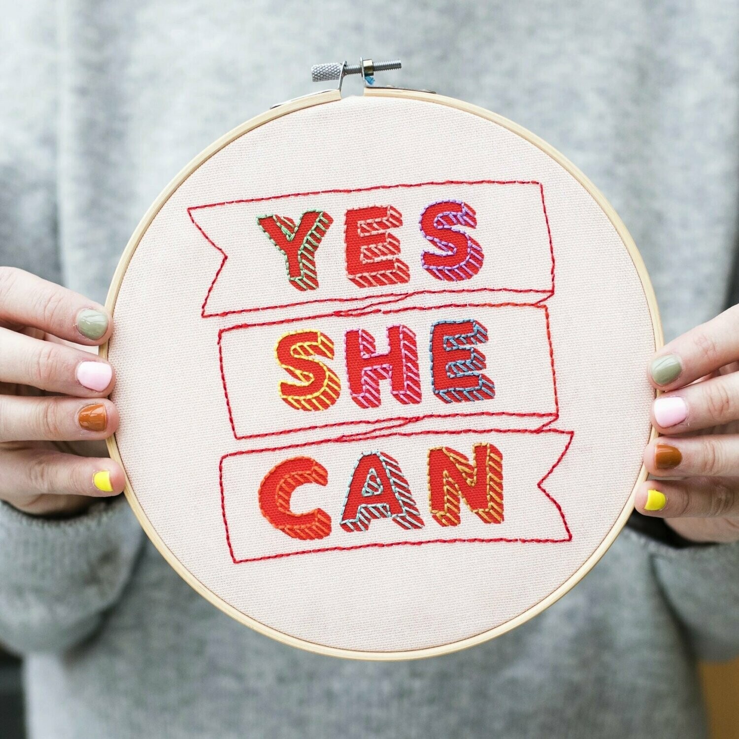 Yes She Can Embroidery Hoop Kit (pink&multi) by Cotton Clara