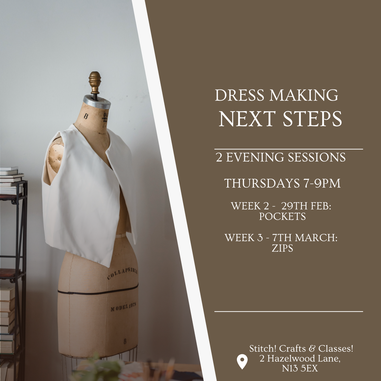 poster or flyer advertising event Dressmaking next steps course