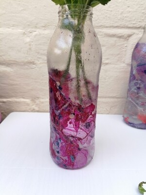 Up Cycled / Recycled Mixed media Vase Bottle (Pink, Purple, White, Blue).