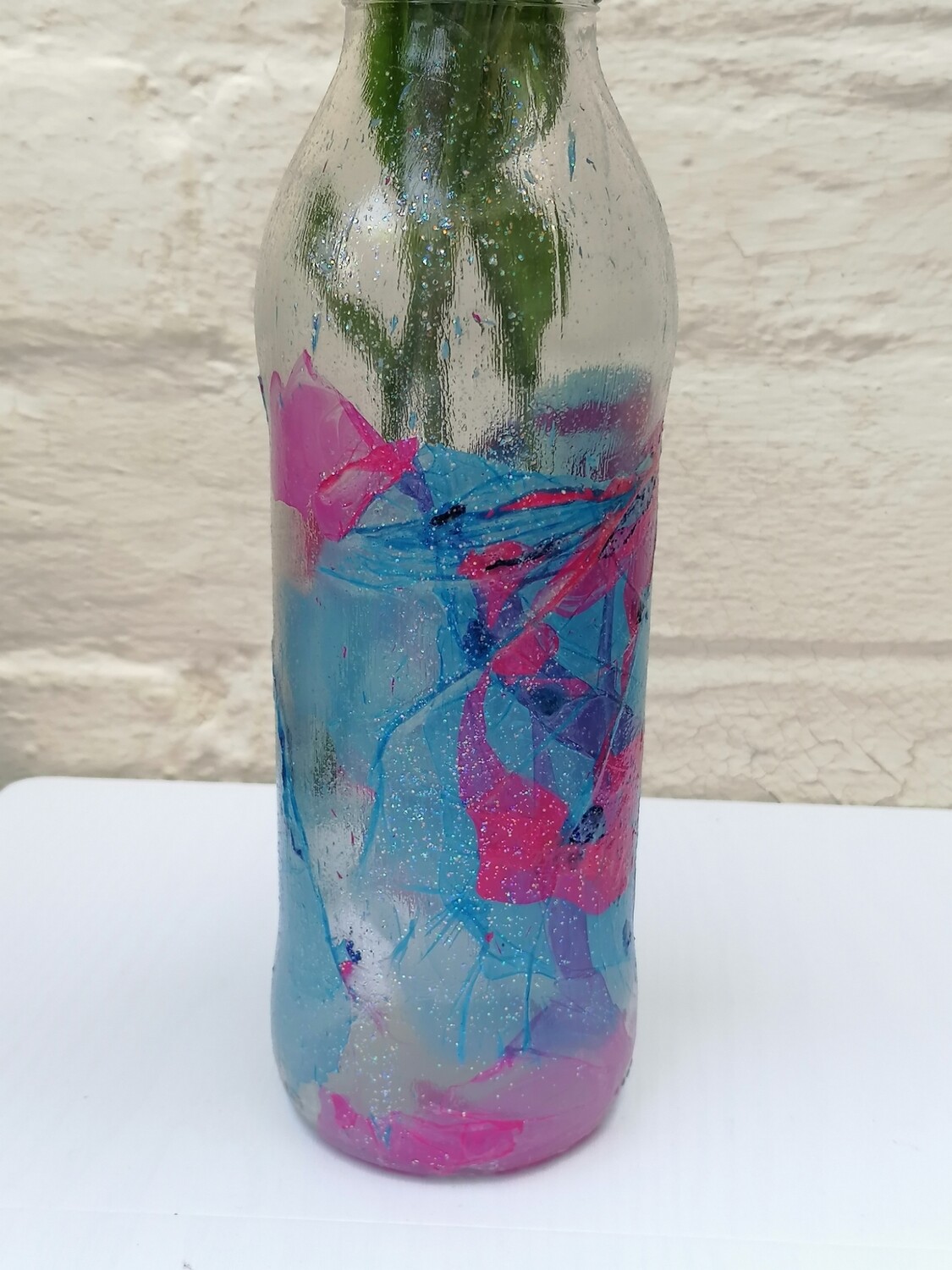 Up Cycled / Recycled Reiki Infused Mixed media Vase Bottle (Blue, Pink, Purple).