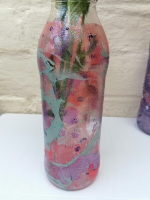 Reiki Infused Mixed media, Up Cycled / Recycled Vase Bottle (Orange Peach, Turquoise, Purple).