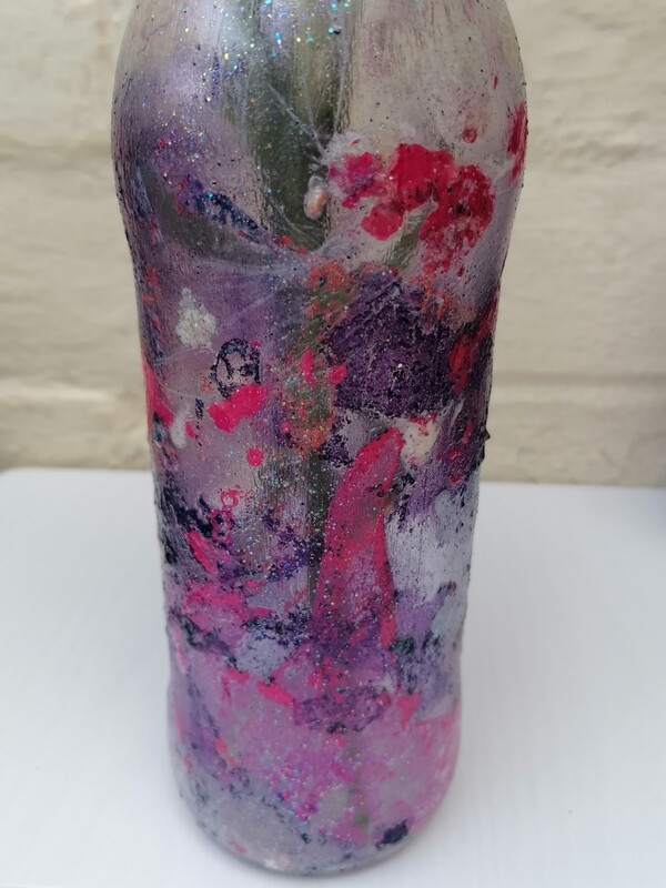 Reiki Infused Mixed media, Up Cycled / Recycled Vase Bottle (Purple, Pink, White, Orange Peach).