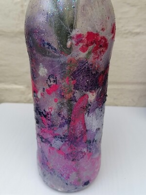 Reiki Infused Mixed media, Up Cycled / Recycled Vase Bottle (Purple, Pink, White, Orange Peach).