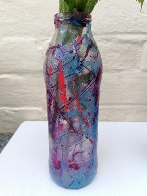 Reiki Infused Up Cycled / Recycled Mixed media, Vase Bottle (Blue, Purple, Orange/Peach, Maroon).
