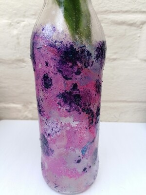 Reiki Infused Up Cycled / Recycled Mixed media, Vase Bottle (Purple, Pink, Blue).