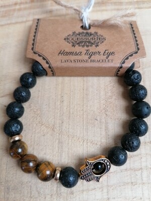 ​Hamsa Tigers Eye Lava Stone Reiki infused Crystal Bracelet & Aromatherapy Essential Oil Diffuser