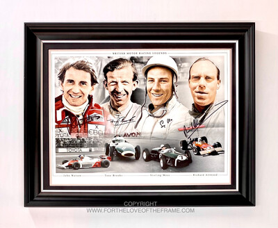 British Motor Racing Legends - Stirling Moss, Tony Brooks & John Watson Stunning Hand Signed Poster in Handmade Wooden Display with COA