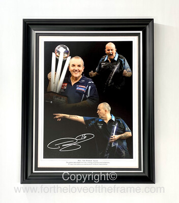 Phil Taylor Stunning Hand Signed Darts Photo in Luxury Hand Made Wooden Framed Display with Certificate of Authenticity