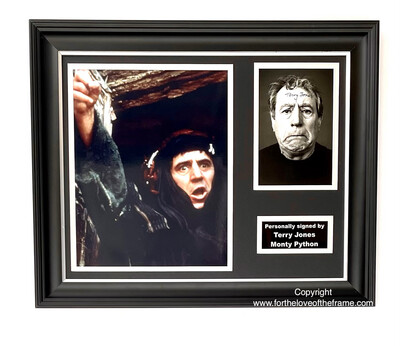 Terry Jones Hand Signed Monty Python Movie Photo in Handmade Wooden Display with Certificate of Authenticity
