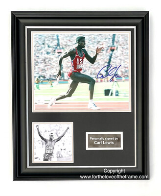 Carl lewis Hand Signed Athletics Photo in Handmade Wooden Display with Certificate of Authenticity