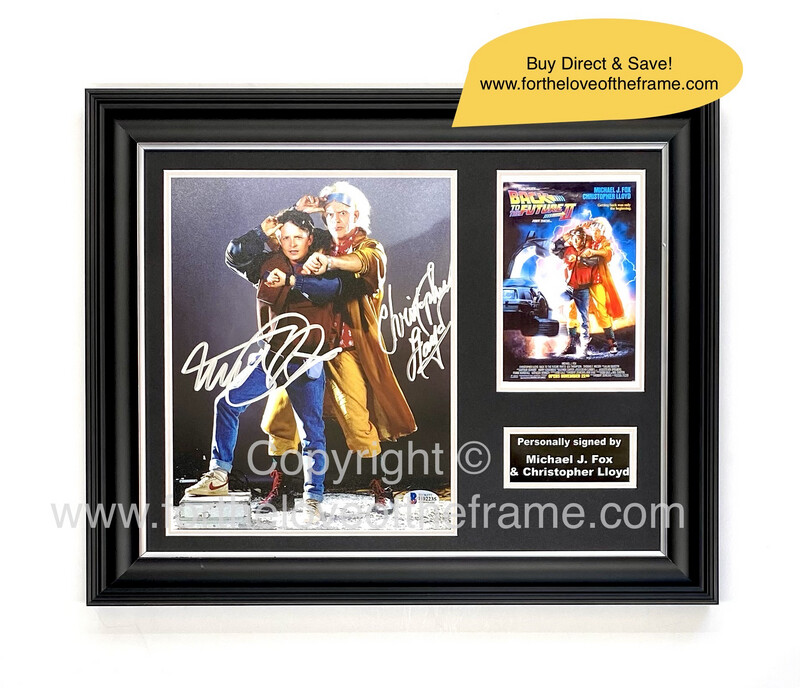 Michael J Fox & Christopher Lloyd Hand Signed Back to the Future Movie Photo in Handmade Wooden Display with Beckett Authentication +COA