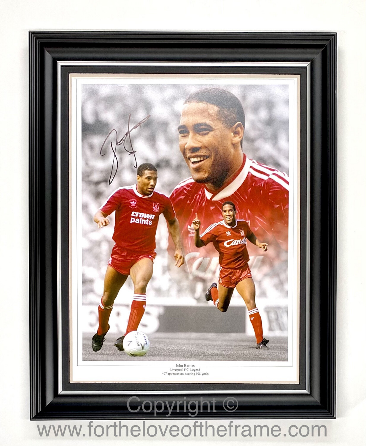 John Barnes Stunning Hand Signed Liverpool FC Football Soccer Montage Photo Poster in Luxury Handmade Wooden Display