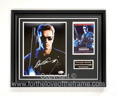 Arnold Schwarzenegger Stunning Hand Signed The Terminator Movie Photo in Handmade Wooden Display with Beckett Witnessed Certificate of Authenticity