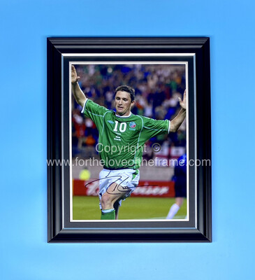 Robbie Keane Stunning Hand Signed Republic of Ireland 2002 FIFA World Cup Iconic Football Soccer Photo in Handmade Wooden Display & Certificates of Authenticity