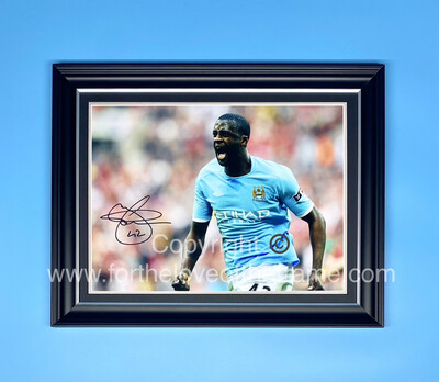 Yaya Toure Stunning Hand Signed Manchester City FA Cup Semi Final Goal vs Manchester United Iconic Photo in Handmade Bespoke Wooden Display & Certificate of Authenticity 