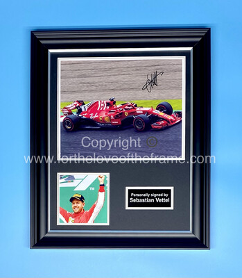 Sebastian Vettel Stunning Hand Signed Formula One Motor Racing Photo in Luxury Handmade Wooden Display & Certificate of Authenticity