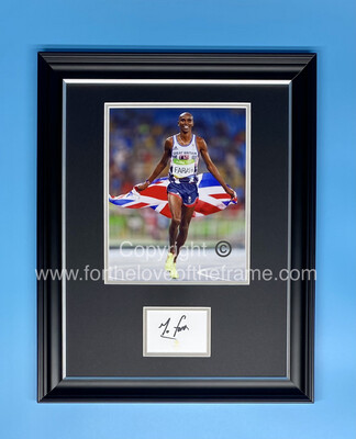 Sir Mo Farah Hand Signed Official 2012 London Olympics Gold Embossed Card in Handmade Wooden Photo Display & Certificates of Authenticity