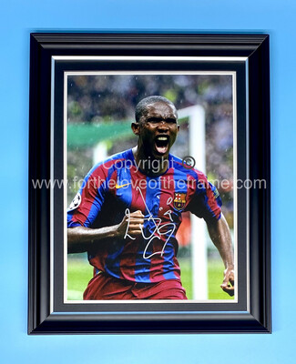 Samuel Eto’o Official Stunning Hand Signed FC Barcelona UEFA Champions League Photo in Handmade Bespoke Wooden Display & Certificates of Authenticity