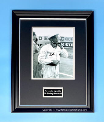 Sir Sterling Moss Hand Signed Formula One Motor Racing Photo In Handmade Luxury Wooden Framed Display & Certificate of Authenticity AFTAL