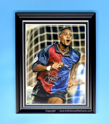 Patrick Kluivert Stunning Hand Signed FC Barcelona Football Soccer Photo in Handmade Wooden Display COA AFTAL