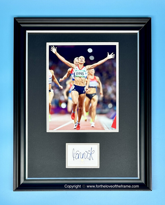 Dame Jessica Ennis-Hill Hand Signed Official 2012 London Olympics Gold Embossed Card in Handmade Wooden Photo Display & Certificates of Authenticity