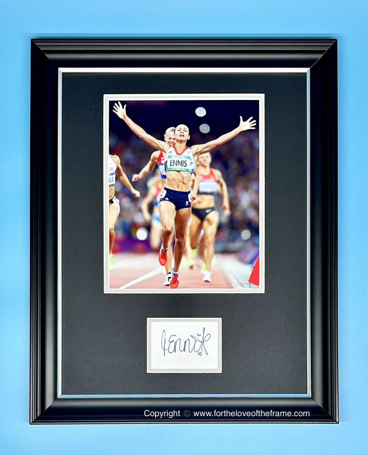 Dame Jessica Ennis-Hill Hand Signed Official 2012 London Olympics Gold Embossed Card in Handmade Wooden Photo Display & Certificates of Authenticity