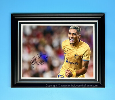 Raphinha Stunning Hand Signed FC Barcelona Goal vs Sevilla Football Soccer Photo in Luxury Handmade Wooden Display with Photo Proof COA AFTAL