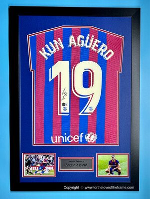 Sergio Aguero Stunning Hand Signed FC Barcelona Football Soccer Jersey Shirt in Presentation Display with Beckett Verification & AFTAL Registered Dealer Certificate of Authenticity