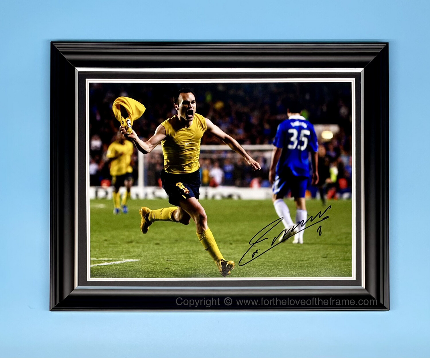 Andres Iniesta Signed Autograph Football Soccer Memorabilia FC Barcelona Goal Photo Poster In Luxury Handmade Wooden Frame & Certificate Of Authenticity