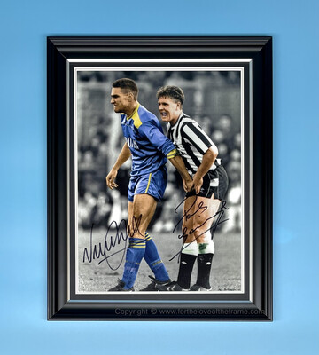 Paul Gascoigne & Vinnie Jones Signed Autograph Football Soccer Memorabilia The Grab Iconic Photo Poster In Luxury Handmade Wooden Frame & AFTAL Certificate Of Authenticity