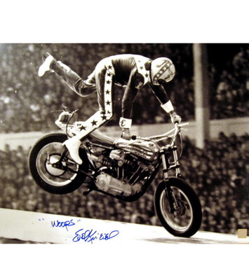 Evel Knievel Hand Signed Legendary Wembley Stadium, England Jump 16” X 20” Photo Poster With Rare “Whoops” Inscription