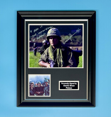 Charlie Sheen Signed Photo In Luxury Handmade Wooden Frame With Iconic Quote & AFTAL Member Certificate Of Authenticity Autograph Movie Film TV Memorabilia Platoon Poster