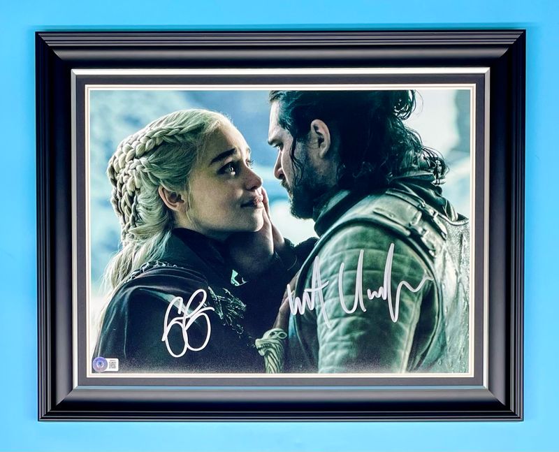 Kit Harington & Emilia Clarke Signed Photo In Luxury Handmade Wooden Frame With Beckett Verification & AFTAL Member Certificate Of Authenticity Autograph Movie TV Memorabilia Game Of Thrones Poster
