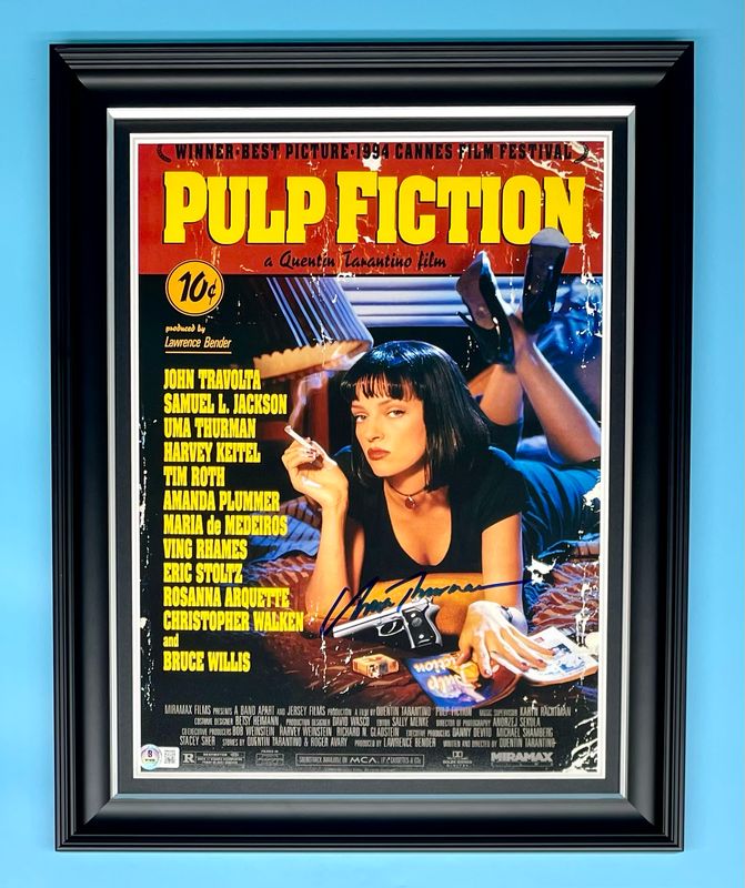 Uma Thurman Signed Photo In Luxury Handmade Wooden Frame With Beckett Verification & AFTAL Member Certificate Of Authenticity Autograph Movie Film TV Memorabilia Pulp Fiction Poster