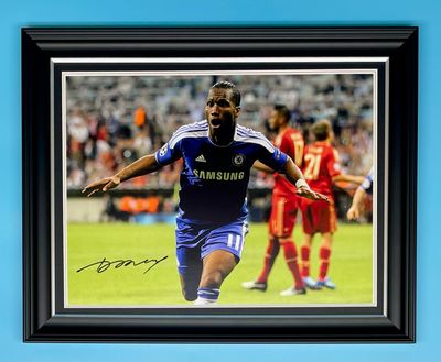 Didier Drogba Signed Photo In Luxury Handmade Wooden Frame & AFTAL Member Certificate Of Authenticity Autograph Football Soccer Memorabilia Chelsea Poster