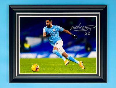 Riyad Mahrez Signed Photo In Luxury Handmade Wooden Frame & AFTAL Member Certificate Of Authenticity Football Soccer Memorabilia Autograph Manchester City Poster