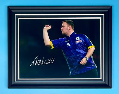 Luke Littler Signed Photo In Luxury Handmade Wooden Frame & AFTAL Member Certificate Of Authenticity Darts Memorabilia Autograph Poster