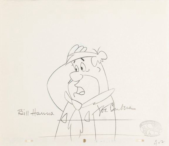 The Flintstones - Fred & Barney - Original Production Drawings Hand Signed By William Hanna and Joseph Barbera In Quality Handmade Wooden Frame With & AFTAL Member Certificate Of Authenticity