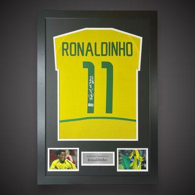 Ronaldinho Signed Shirt In Luxury Wooden Frame With Beckett Verification & AFTAL Member Certificate Of Authenticity Brazil Jersey Football Soccer Memorabilia Autograph