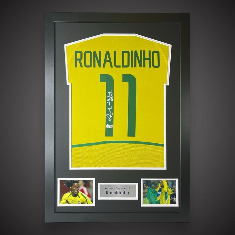 Ronaldinho Signed Shirt In Luxury Wooden Frame With Beckett Verification & AFTAL Member Certificate Of Authenticity Brazil Jersey Football Soccer Memorabilia Autograph