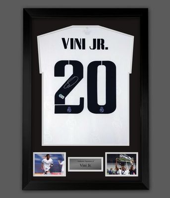 Vinicius Junior Signed Shirt In Luxury Wooden Frame With Beckett Verification & AFTAL Member Certificate Of Authenticity Vini Jr Real Madrid Jersey Football Soccer Memorabilia Autograph