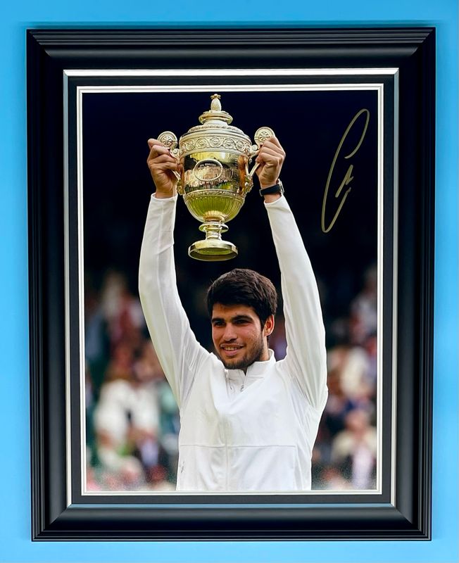 Carlos Alcaraz Signed Photo In Luxury Handmade Wooden Frame & AFTAL Member Certificate Of Authenticity Wimbledon Poster Tennis Memorabilia Autograph