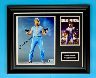 Chuck Norris Signed Photo In Luxury Handmade Wooden Frame With SWAU Verification & AFTAL Member Certificate Of Authenticity Invasion USA Poster Movie Film TV Memorabilia Autograph Auto