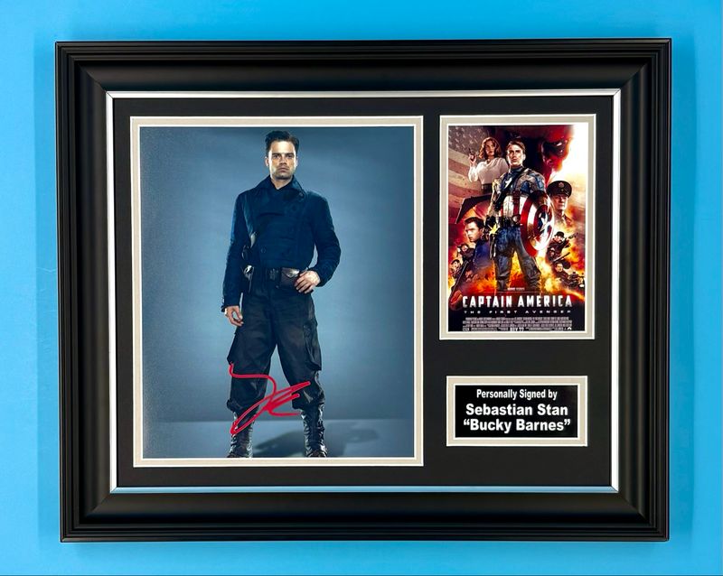 Sebastian Stan Signed Photo In Luxury Handmade Wooden Frame & AFTAL Member Certificate Of Authenticity Captain America Poster Movie Film TV Memorabilia Bucky Barnes Autograph Auto