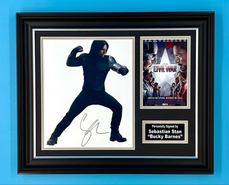 Sebastian Stan Signed Photo In Luxury Handmade Wooden Frame & AFTAL Member Certificate Of Authenticity Captain America Poster Movie Film TV Memorabilia Bucky Barnes Autograph Auto