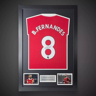 WEB EXCLUSIVE Bruno Fernandes Hand Signed Manchester United Shirt/Jersey In Luxury Wooden Frame & Certificate Of Authenticity Football Soccer World Cup Autograph Memorabilia Certified